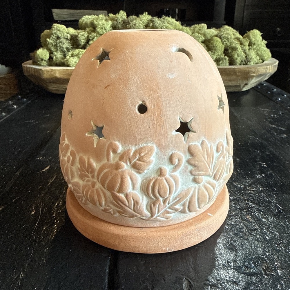 Terra Cotta Pottery Fairy Light Candle Holder with Cut Out Dome Celestial Fall